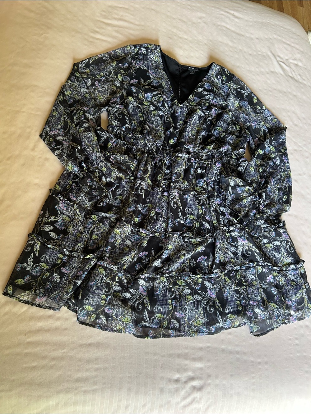 torrid Black Floral V-Neck Tiered dress with Pastel Accents